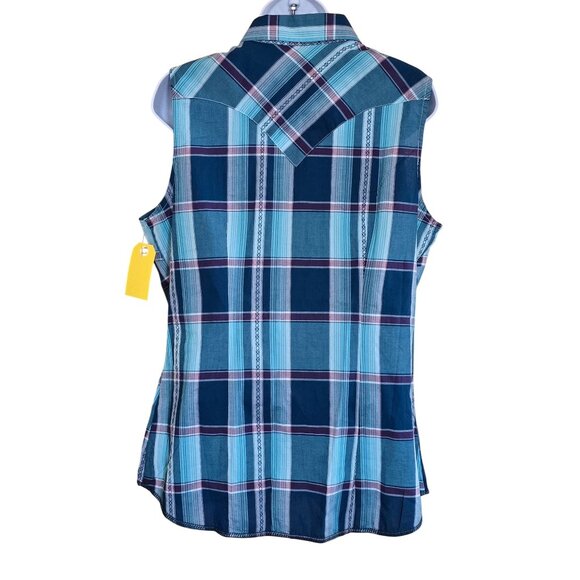 Roper Western Plaid Sleeveless Shirt Blue Button Down western farm horsecore - Picture 2 of 4